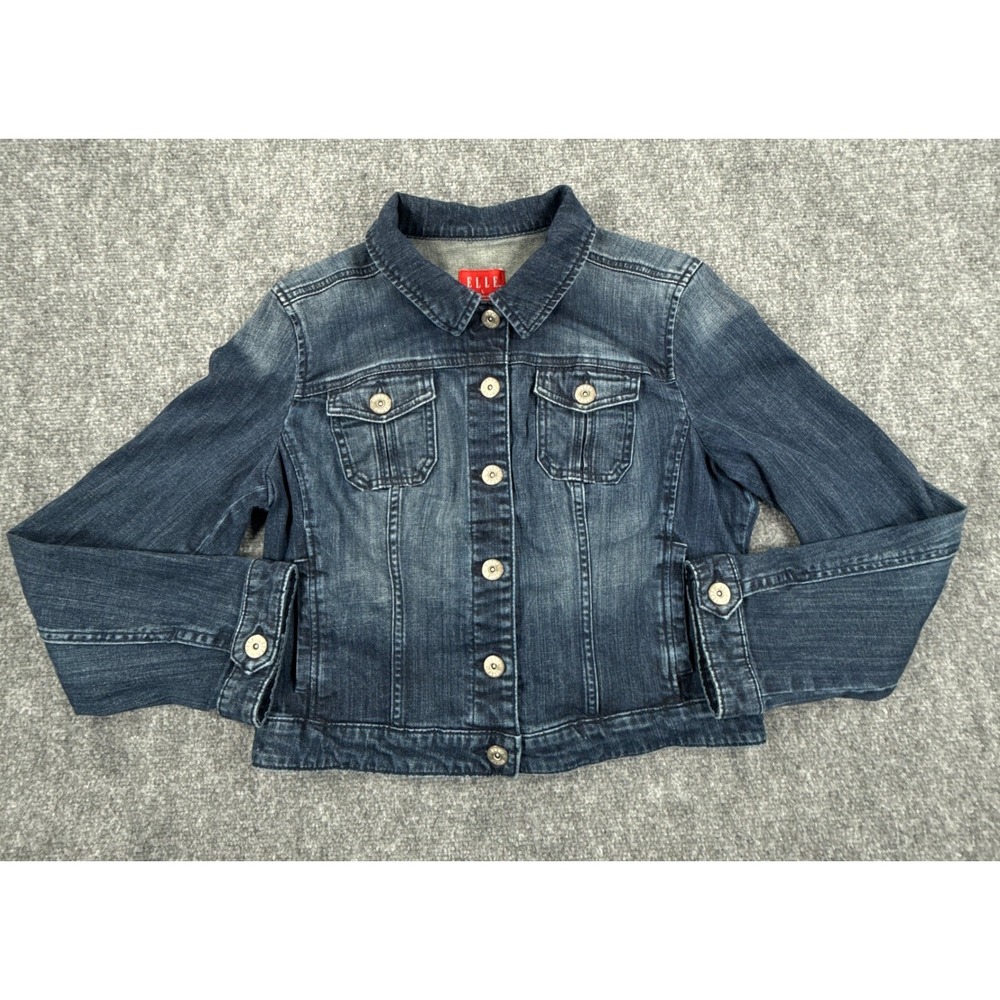 Elle Womens Large Dark Wash Cotton Blend Stretch Blue Denim Trucker Jacket